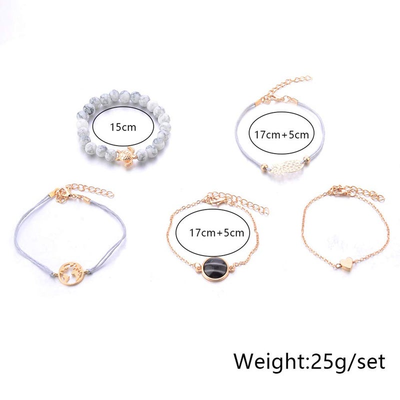 VONRU Beaded Bracelets for Women - Adjustable Charm Pendent Stack Bracelets For Women Friendship Gift Rose Quartz Bracelet Links with Pearl Gold Plated 5pcs/Set - Image 3